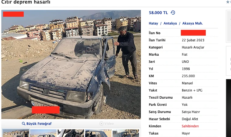 Sahibinden satılık “Deprem hasarlı” araç