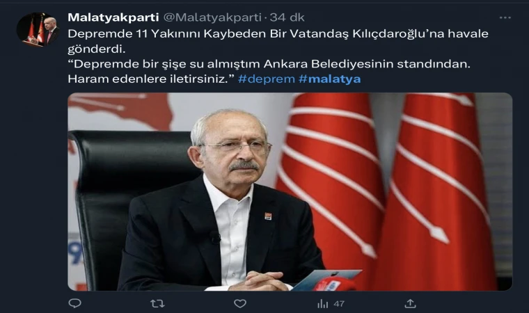 Depremzede, Kılıçdaroğlu’na bir şişe su parasını havale gönderdi!