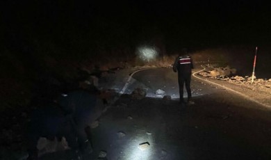 Depremde yola kaya parçaları düştü